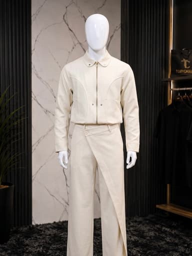 zipped jacket with curved yoke structured collar